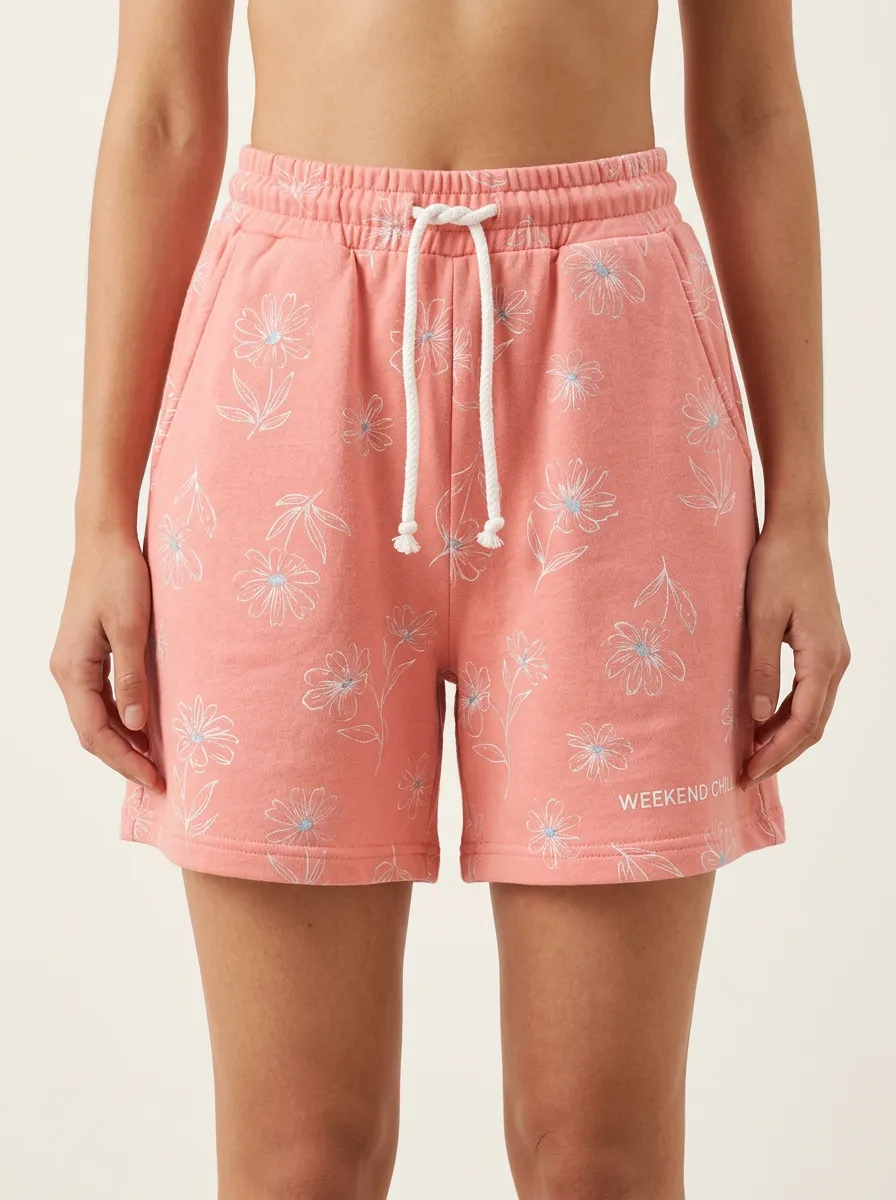Women's Floral Running Drawstring Elastic-Waist Printed Sweat Shorts