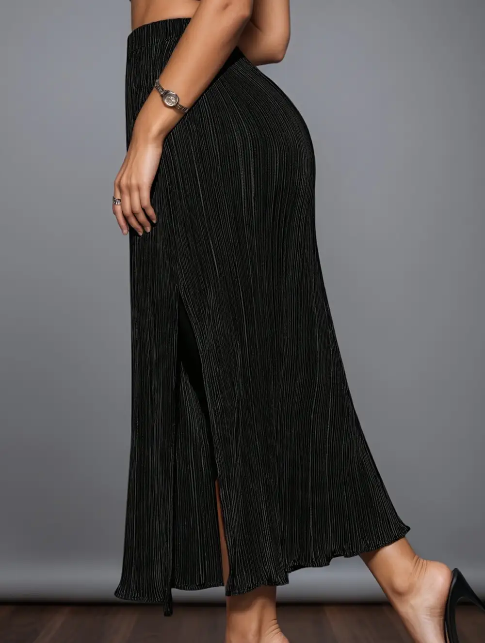 High Waist Slit Pleated Skirt