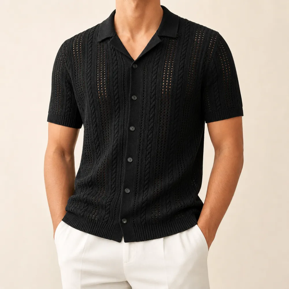 Men’s Open-Knit Short Sleeve Button-Up Shirt