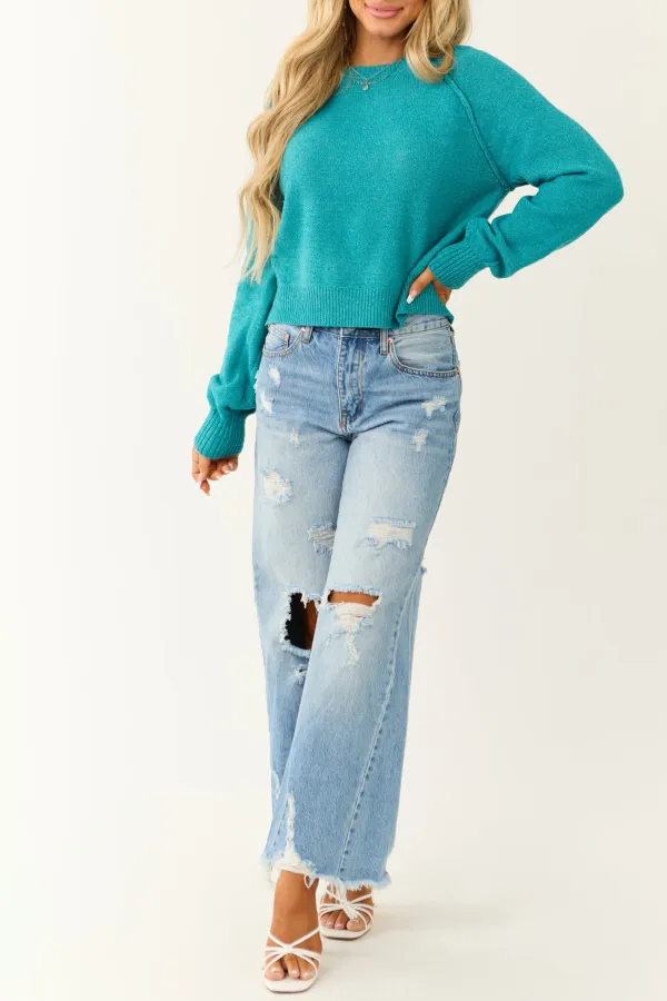 Bright Sea Blue Cropped Knit Sweater