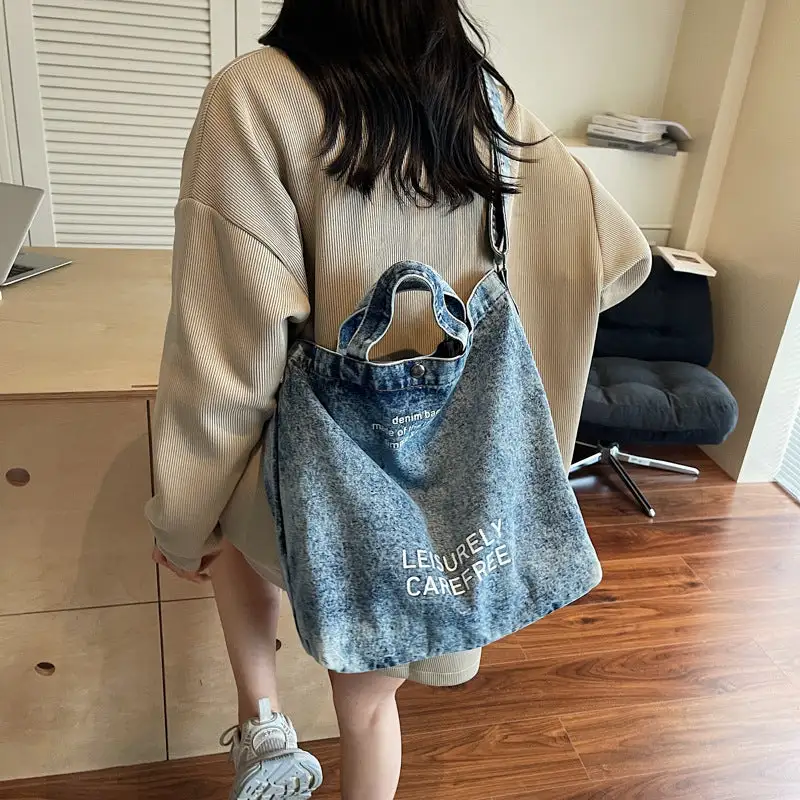Large Capacity Vintage Casual Washed Denim Bag Letter Print