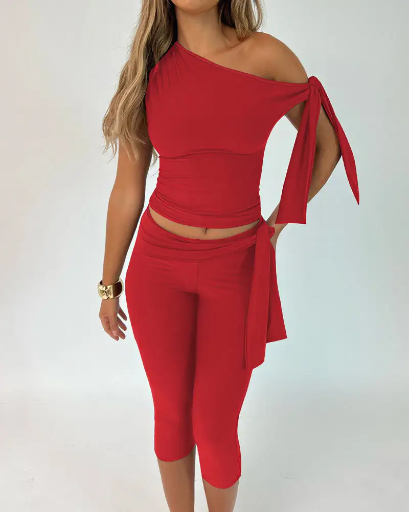 Asymmetrical Drape Top and Capri Leggings Two-Piece Set