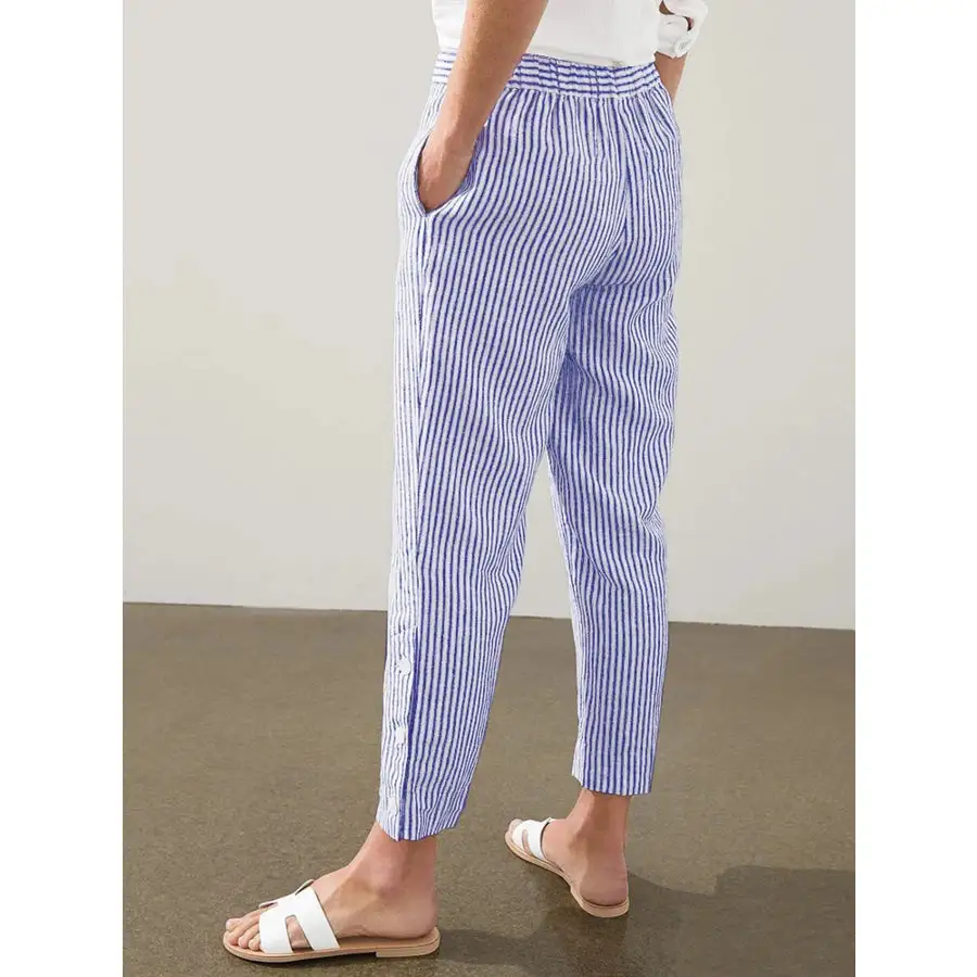Full Size Striped Side Button Detail Pants Plus Size