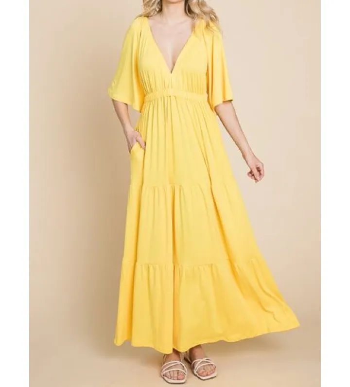 Backless Plunge Half Sleeve Tiered Dress