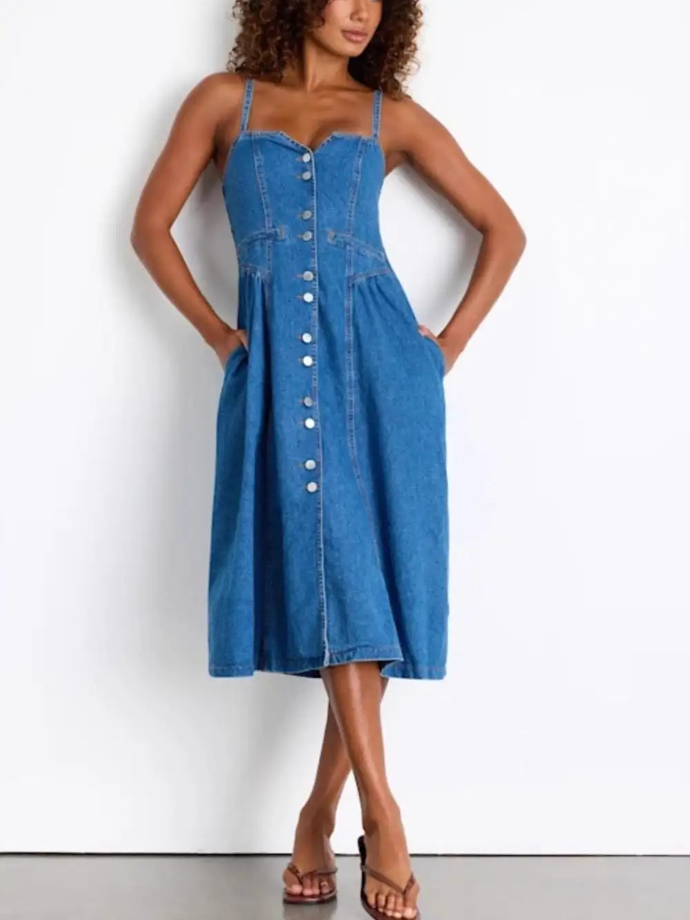 Relaxed Shape Denim Button Front Midi Dress