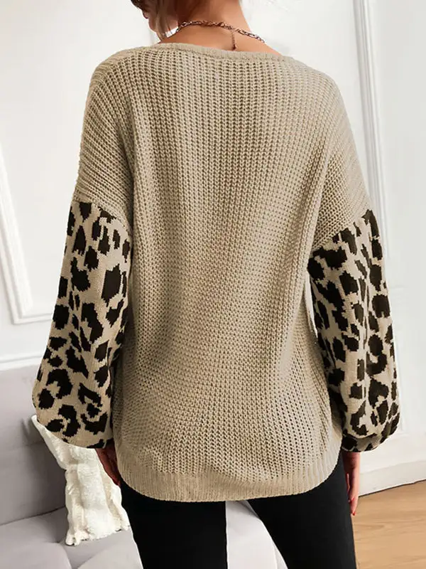 Leopard Print Paneled V-Neck Puff Sleeve Relaxed Fit Sweater