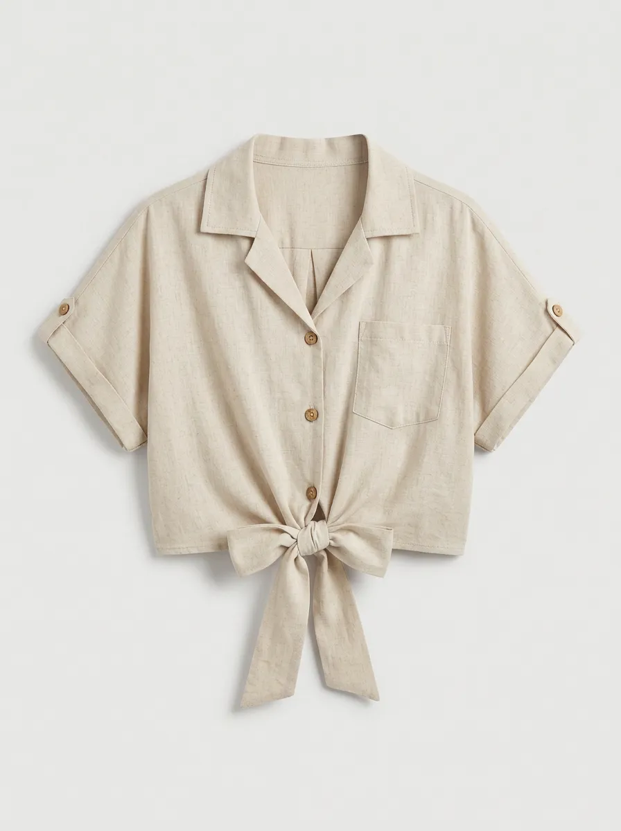 Women's Casual Beige Linen Blend Tie-Front Button-Down Shirt Blouse