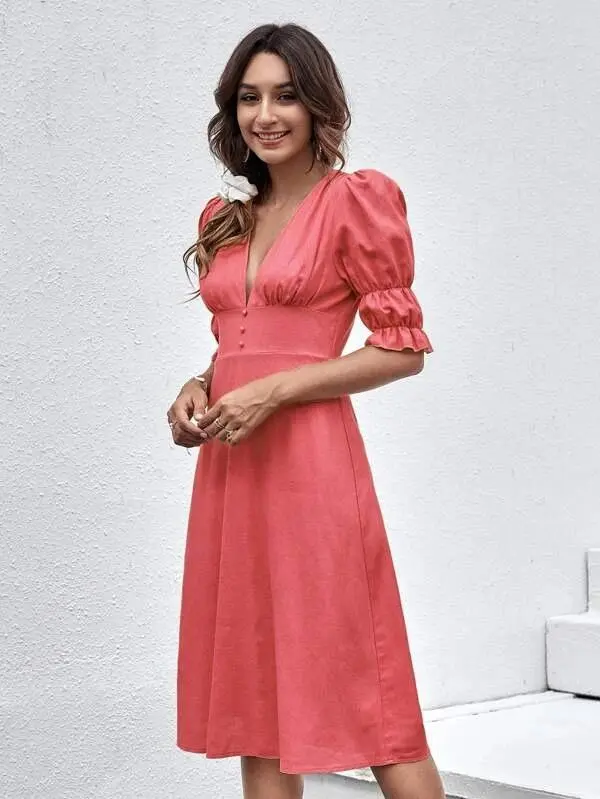 Women Ruffle Cuff Button Front Dress