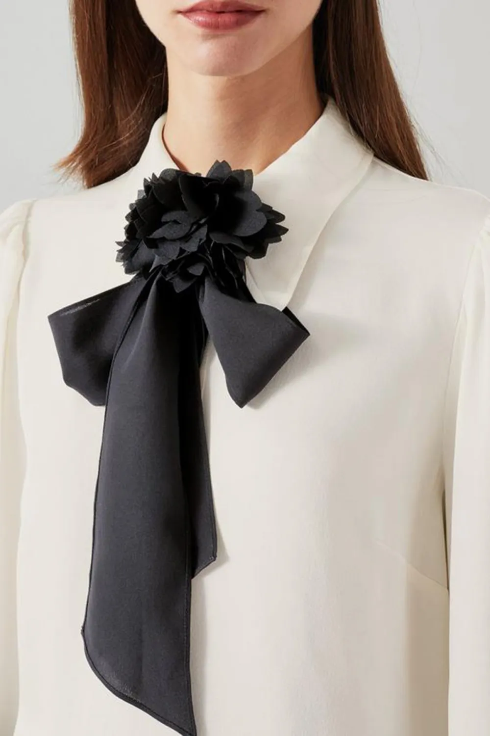 White Long Sleeve Bow Detail Silk Blouse