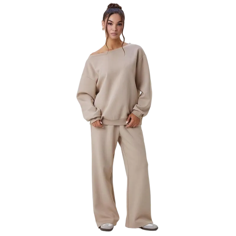 Women's Leisure Solid Color Sloping Shoulder Long Sleeve Top & Wide Leg Trousers