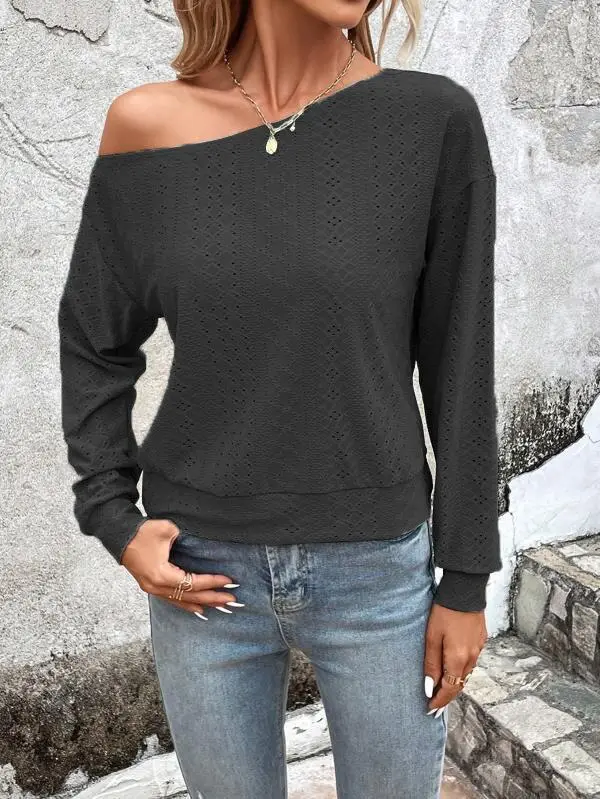 Long Sleeve Relaxed Asymmetric Panel Detail One Shoulder T-Shirt