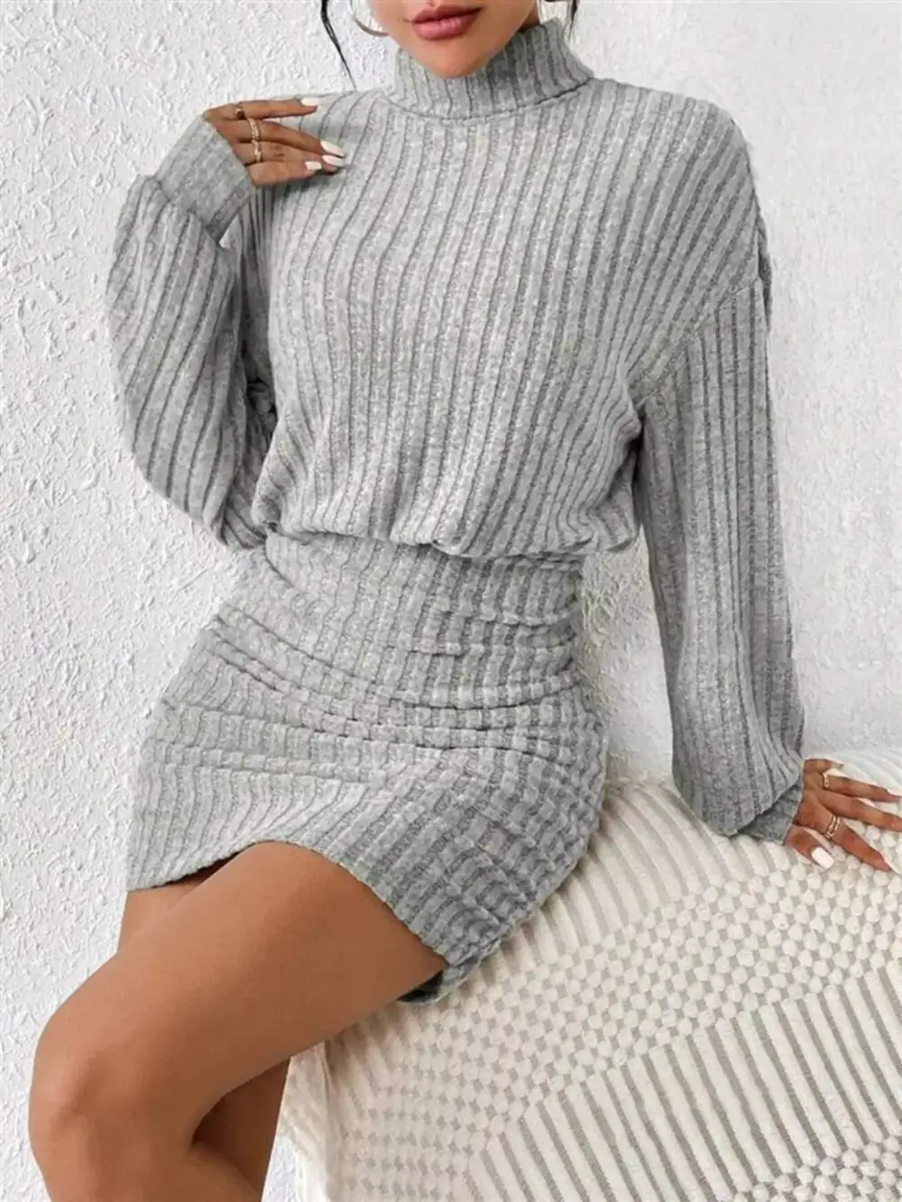 Ribbed Knit Turtleneck Bodycon Mini Dress