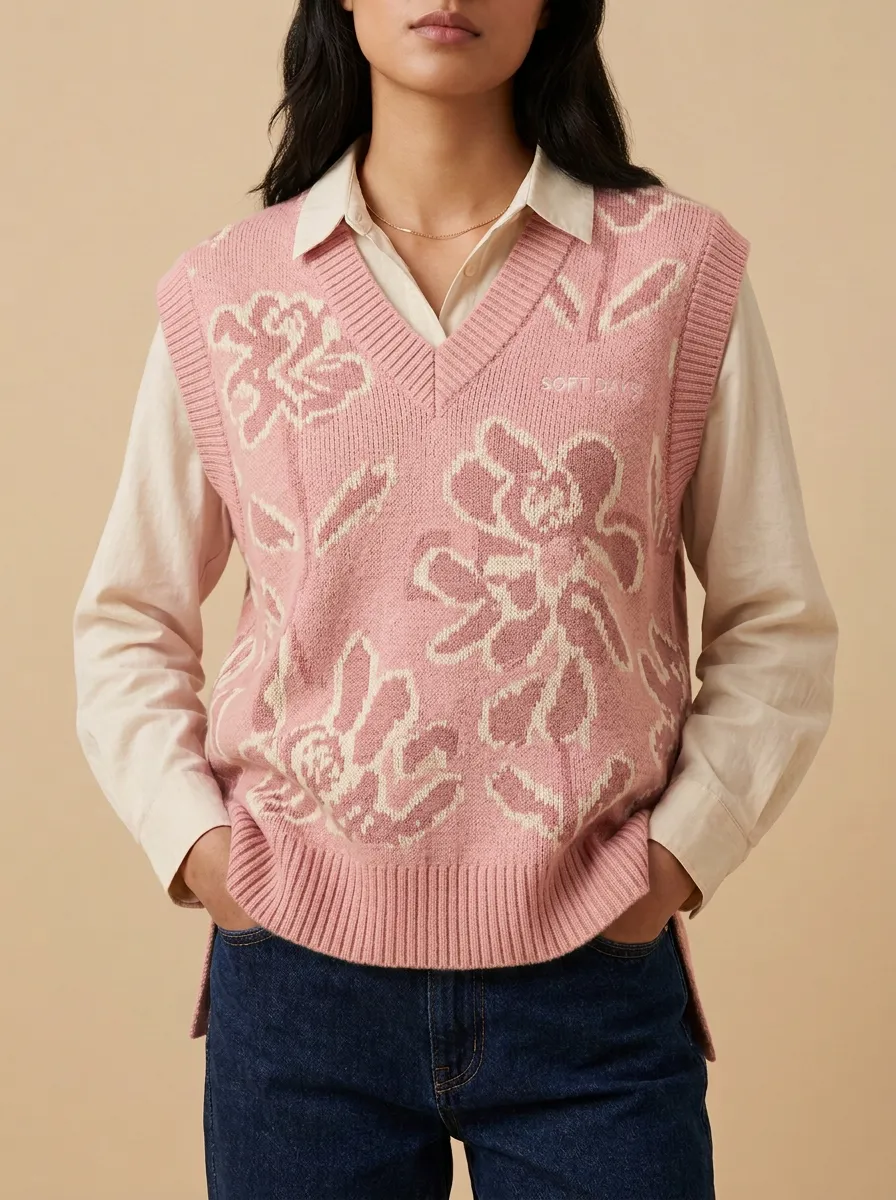 Floral Vneck Textured Sweater Vest