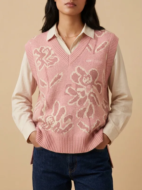 Floral Vneck Textured Sweater Vest