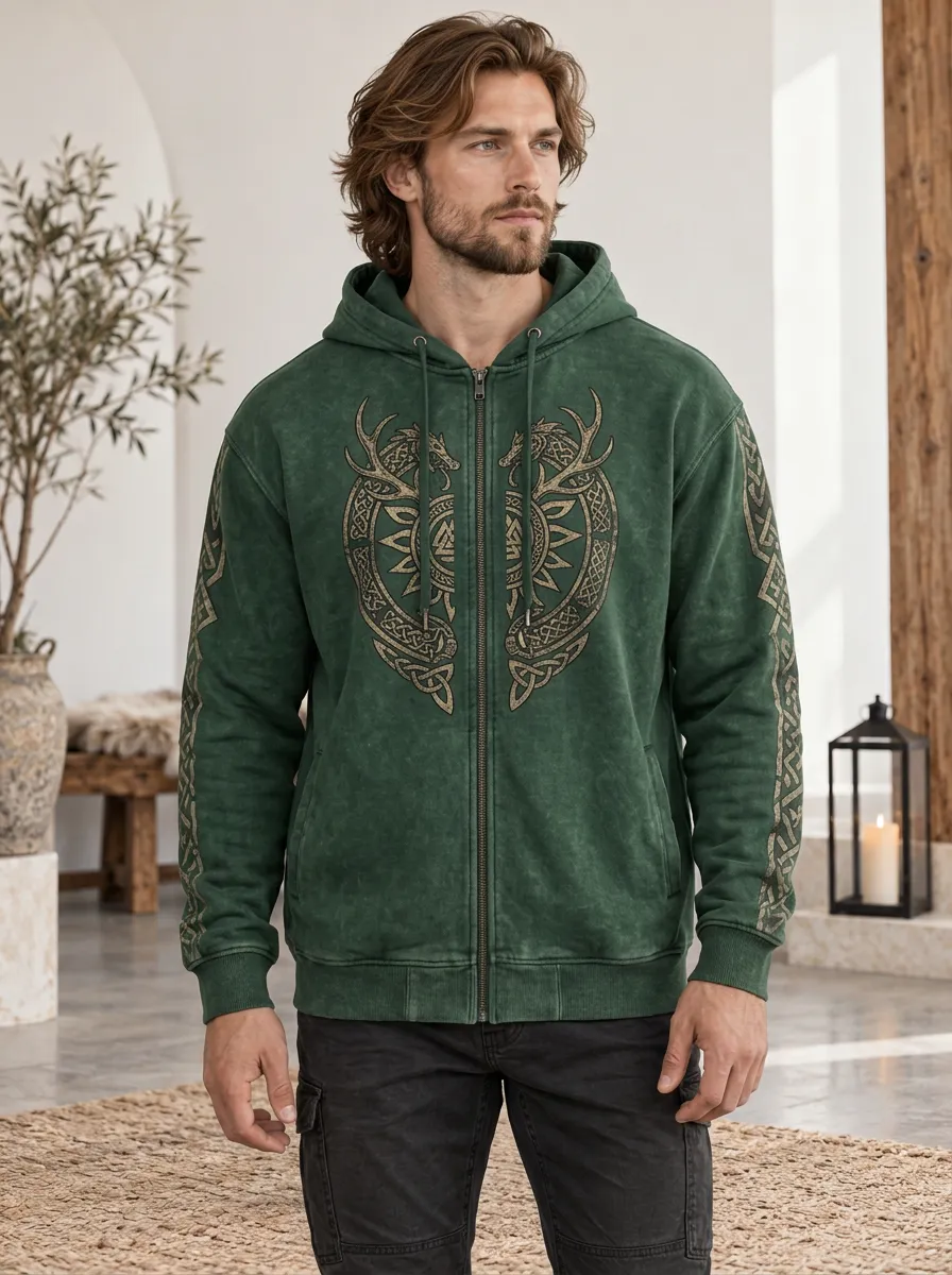 Men's Norse Dragon Celtic Knot Relaxed Zip-Up Hoodie