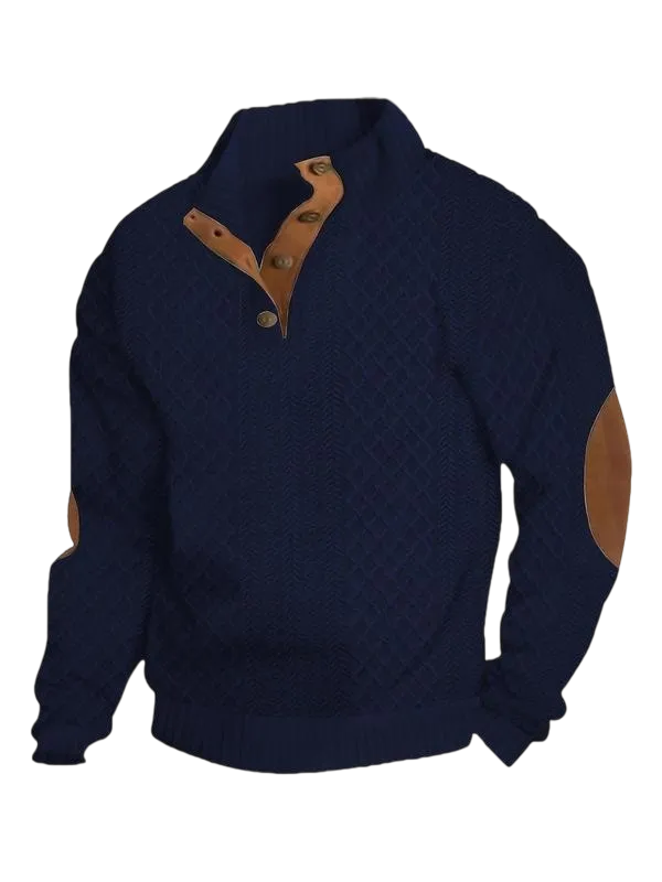 Men's Colorblock Patchwork Jacquard Button Front Sweatshirt, Regular Fit Casual Long Sleeve Stand Collar Sweatshirt for Fall & Winter, Fashion Men's Knitwear for Daily Wear