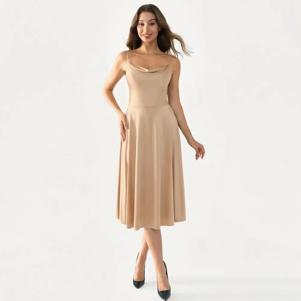 Satin Midi Slip Dress with Cowl Neck and Flared Hem