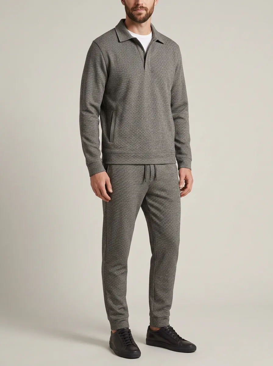 Men's Heritage Inspired Textured Minimal Polo Collar Jacket and Jogger Pants Set