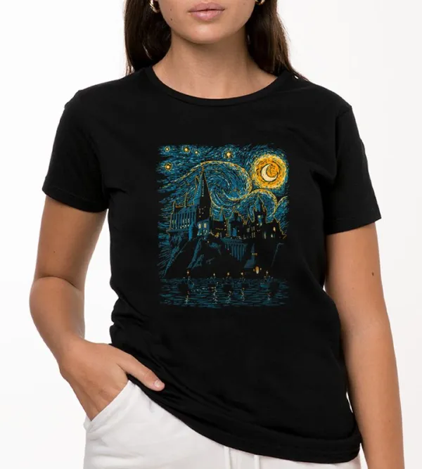 Starry Night Castle Graphic Black Unisex T-Shirt