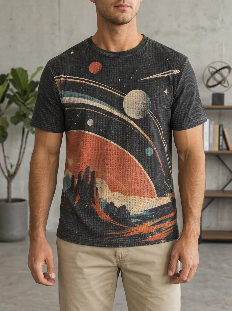 Men's Space Enthusiast Retro Planet Landscape Crew Neck T-Shirt
