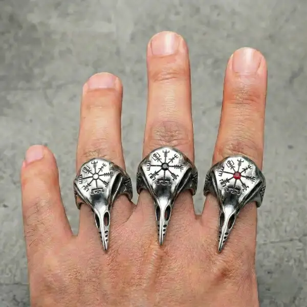 Men's Vegvisir Raven Skull Ring