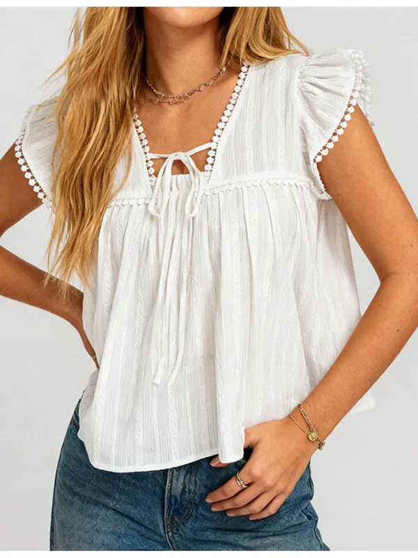 Chic Lace Trim Front V Neck Flutter Sleeves Top