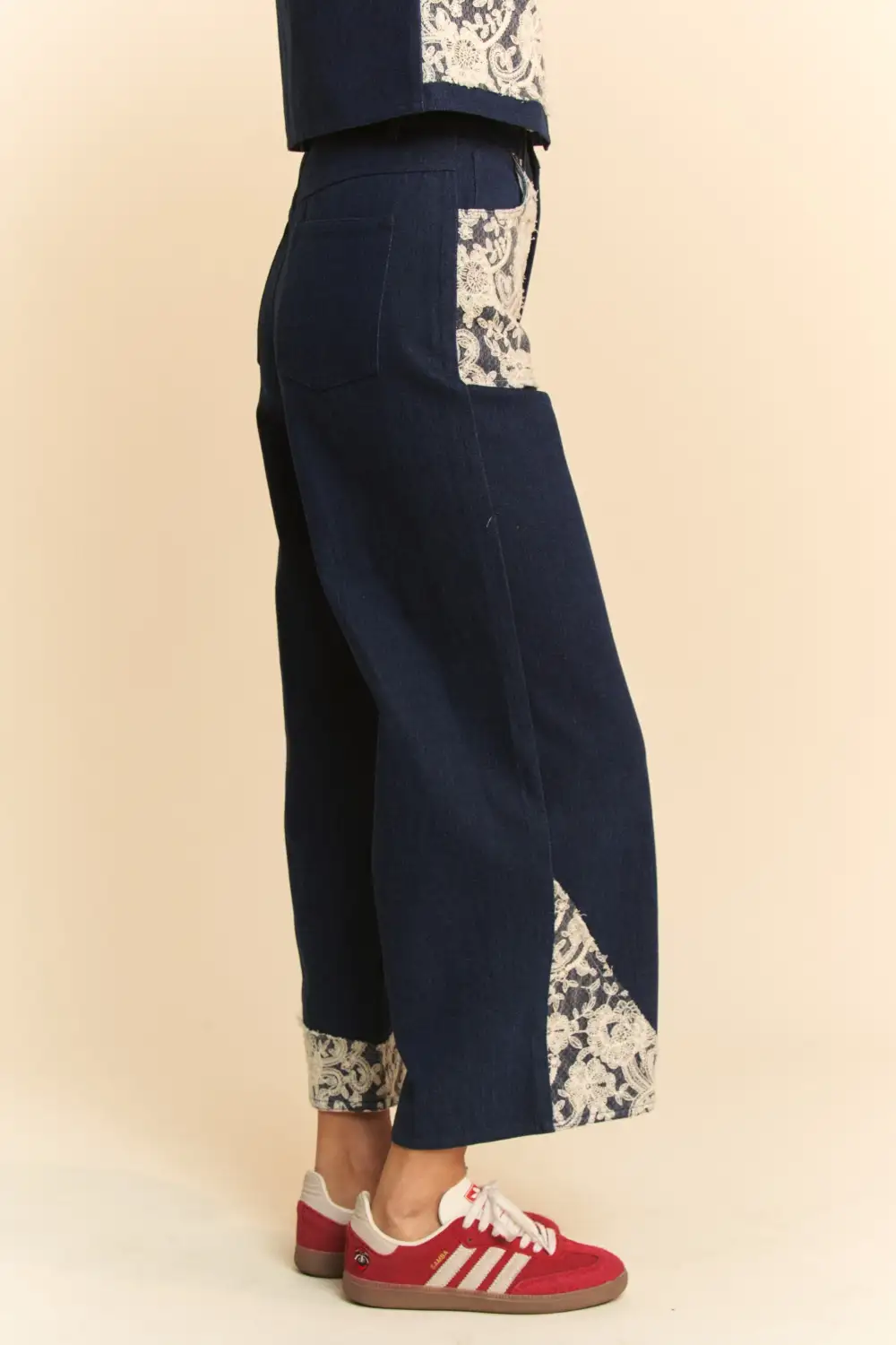 Lace Applique Wide Leg Detail Denim Jeans