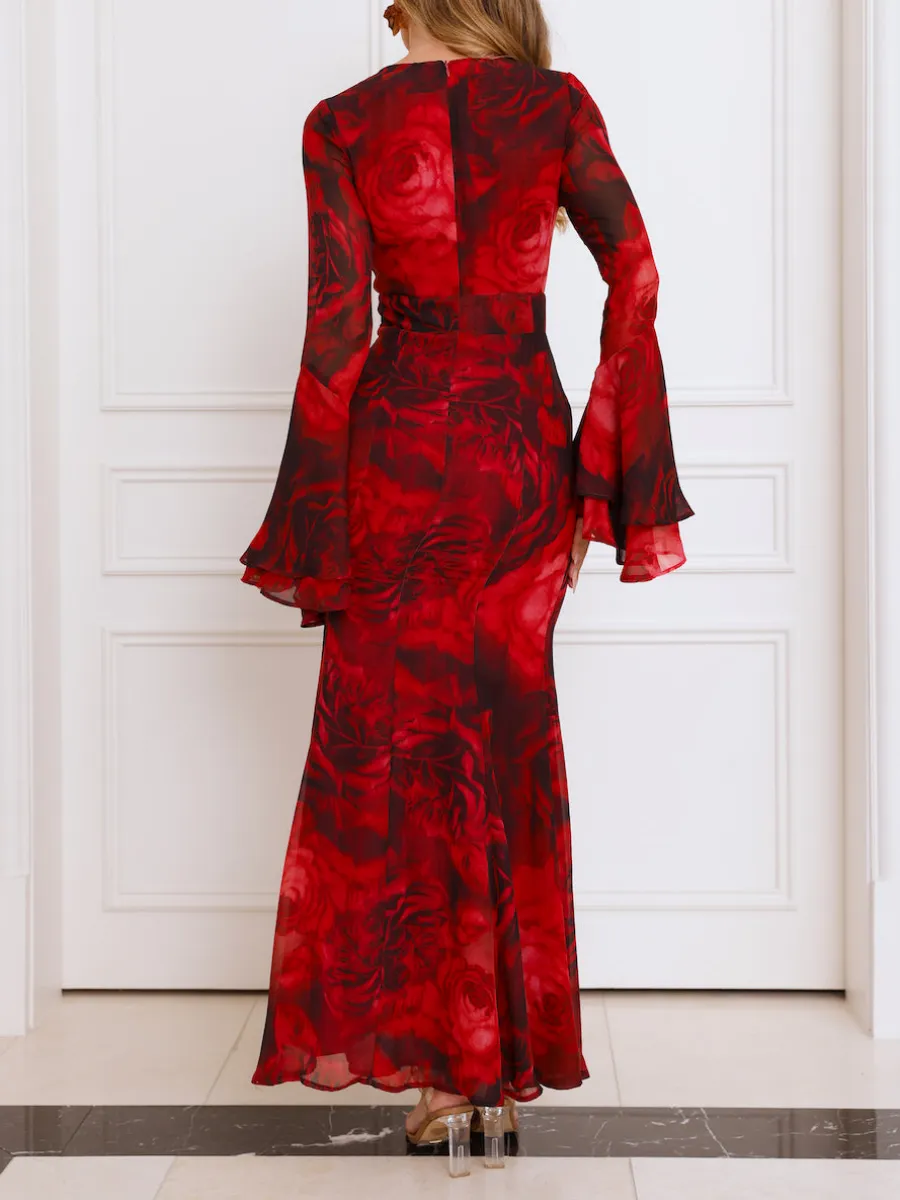 Slit Flower Long Sleeve Dress