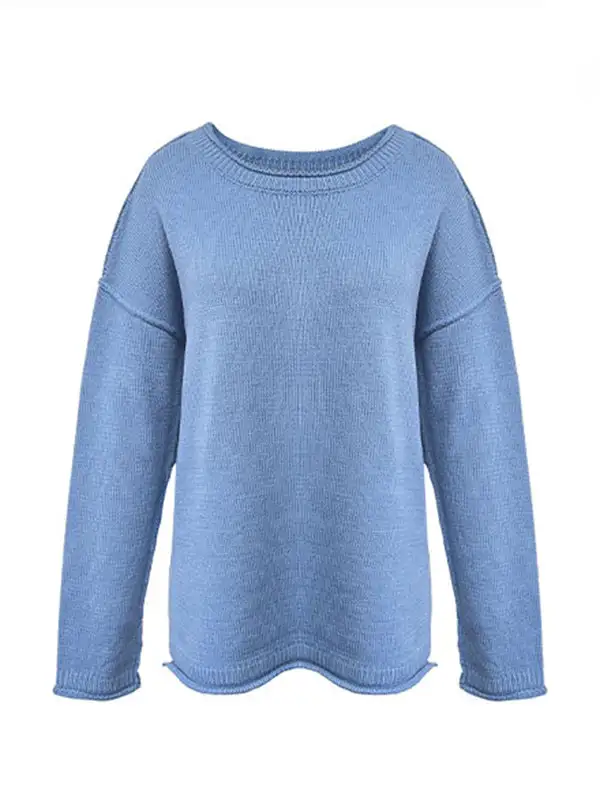 Paneled Round Neck Long Sleeve Relaxed Fit Easy Fit Sweater