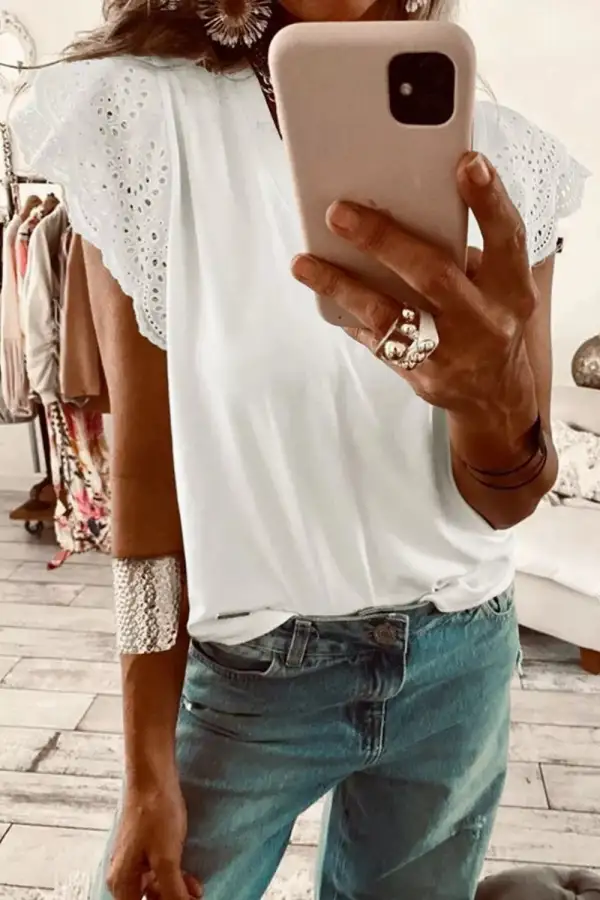 Eyelet Embroidered Flutter Sleeve Patchwork V Neck