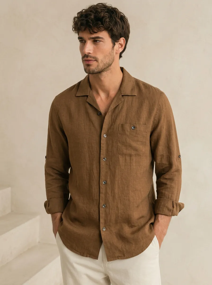Men's Minimalist Brown Linen Long Sleeve Button Down Shirt
