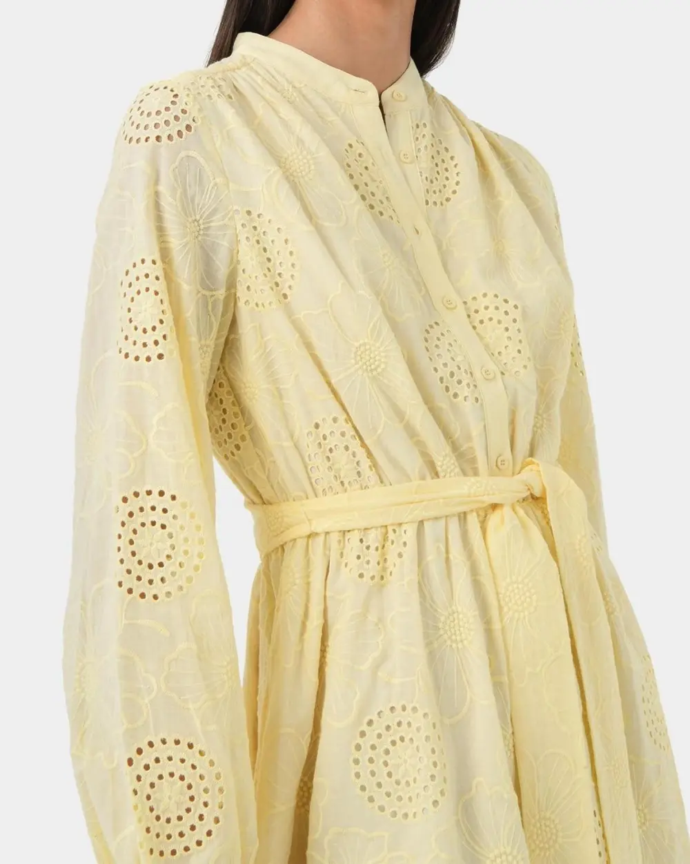 Mock Neckline Cotton Tie Dress -Golden Haze