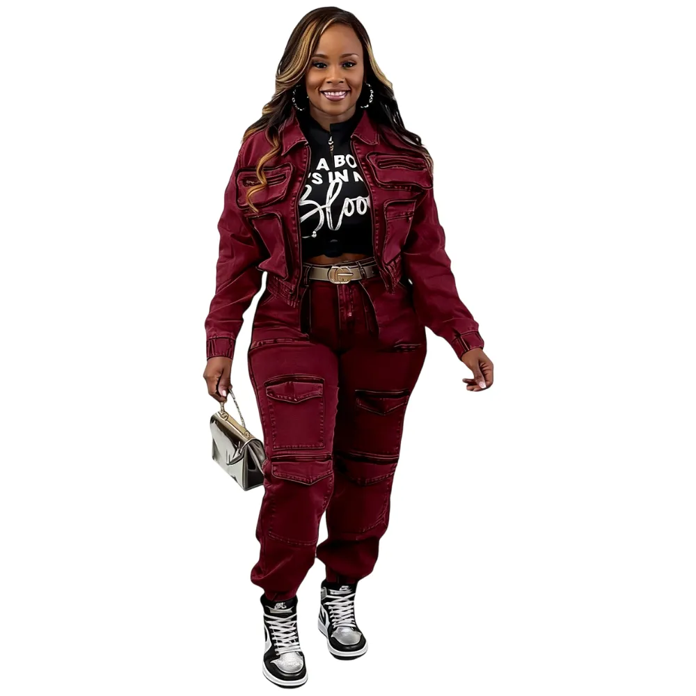 Two-Piece Women's Fashion Sexy High Elastic Multi-Pocket Washed Denim Casual Set