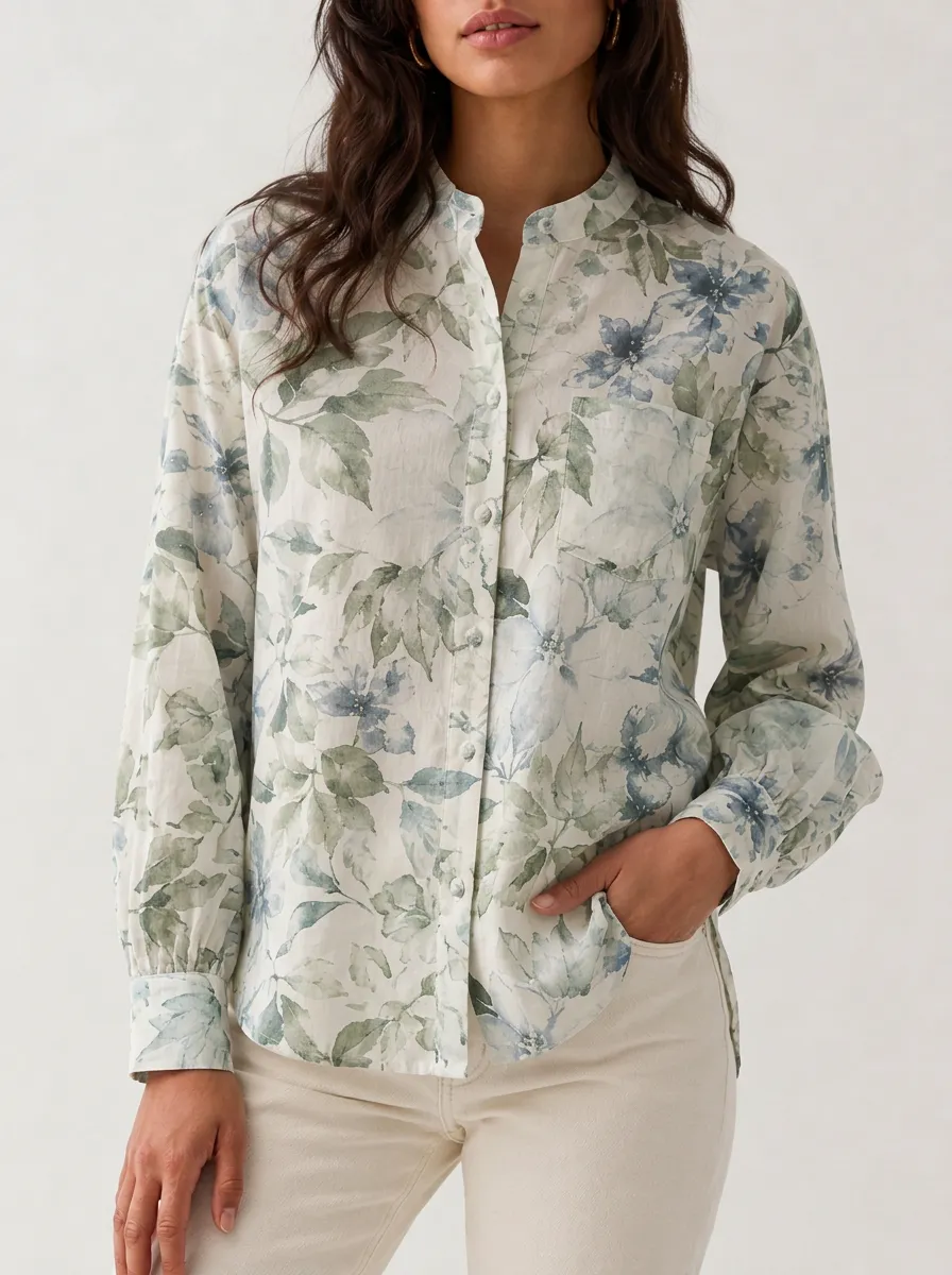 Women's Botanical Floral Mandarin Collar Shirt