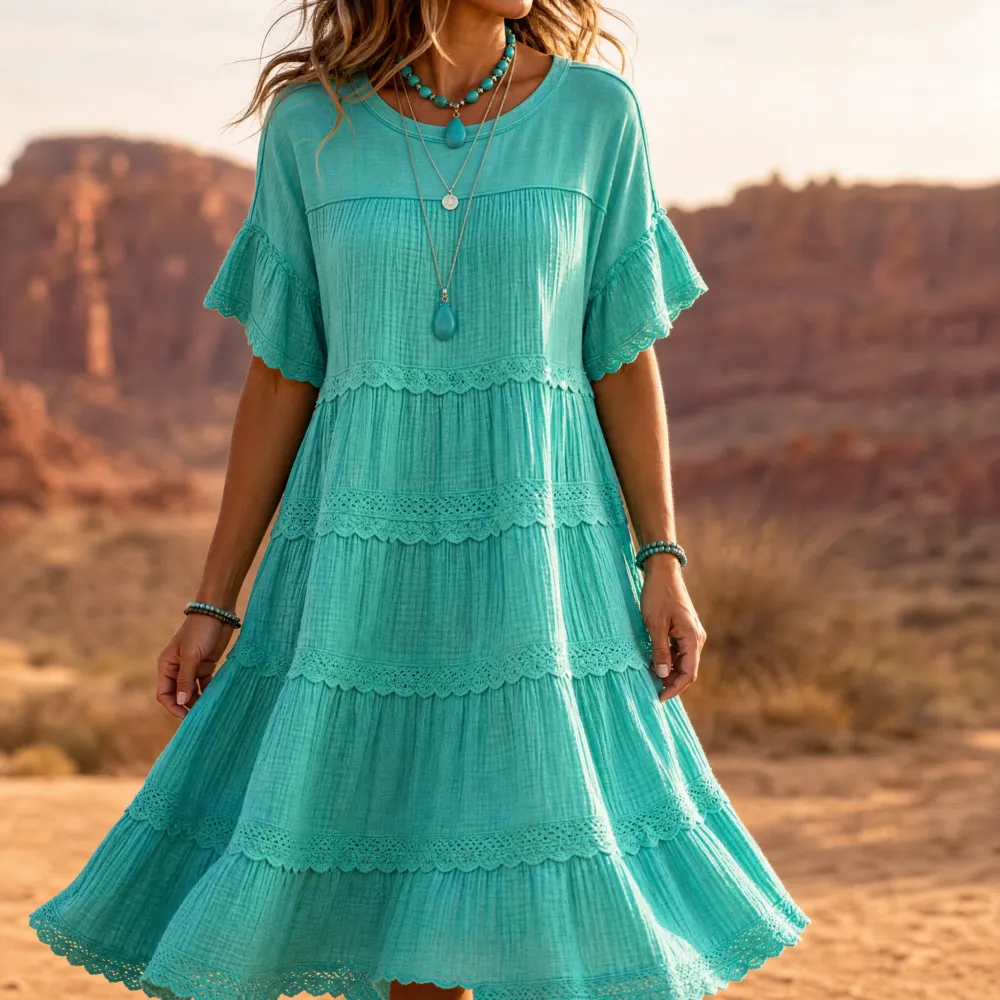 Tiered Lace Trim Pocket Midi Dress
