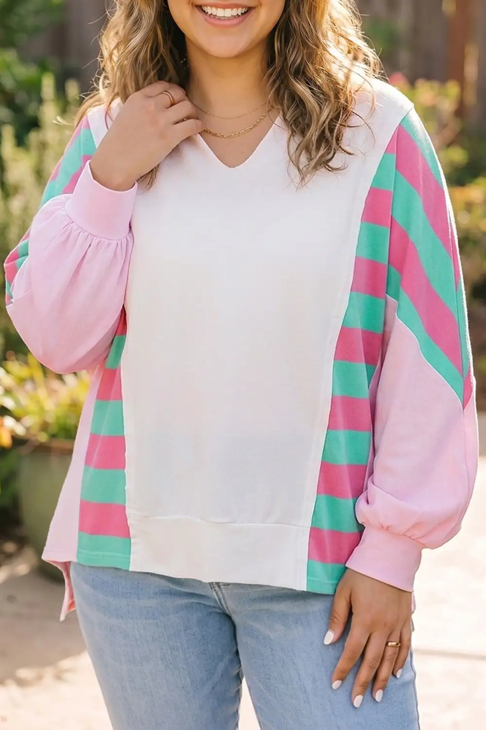 Striped V Neck Relaxed Cotton Blend Long Sleeve Top