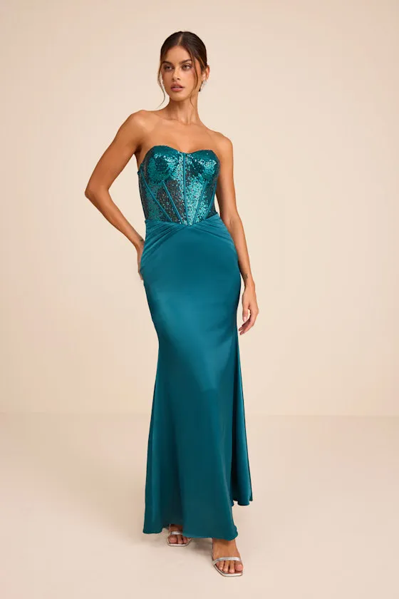Ria Emerald Sequin Strapless Mermaid Maxi Dress