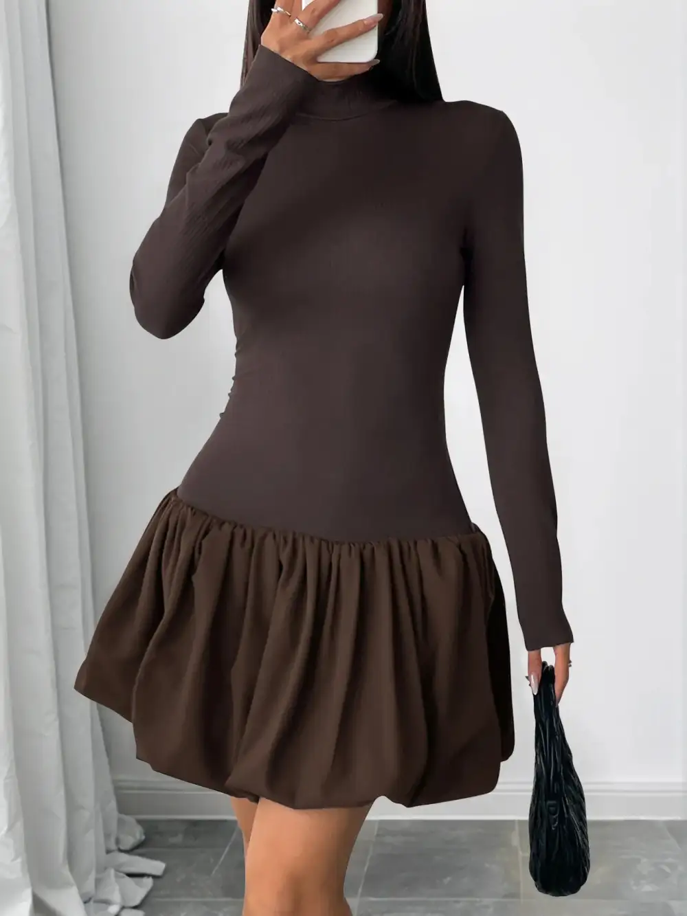 Textured Detail Mock Neck Long Sleeve Dress