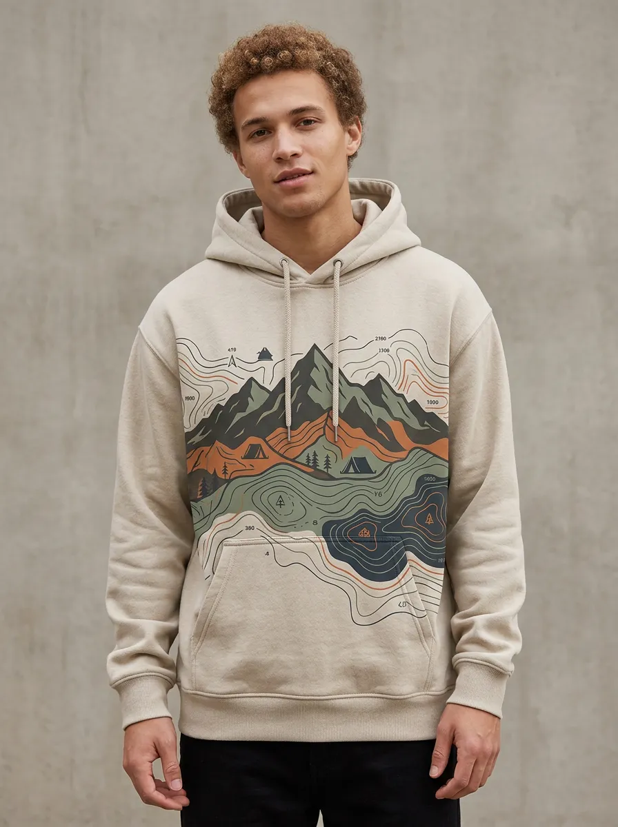 Men's Ridge Camping Lover Mountain Topographic Graphic Hoodie