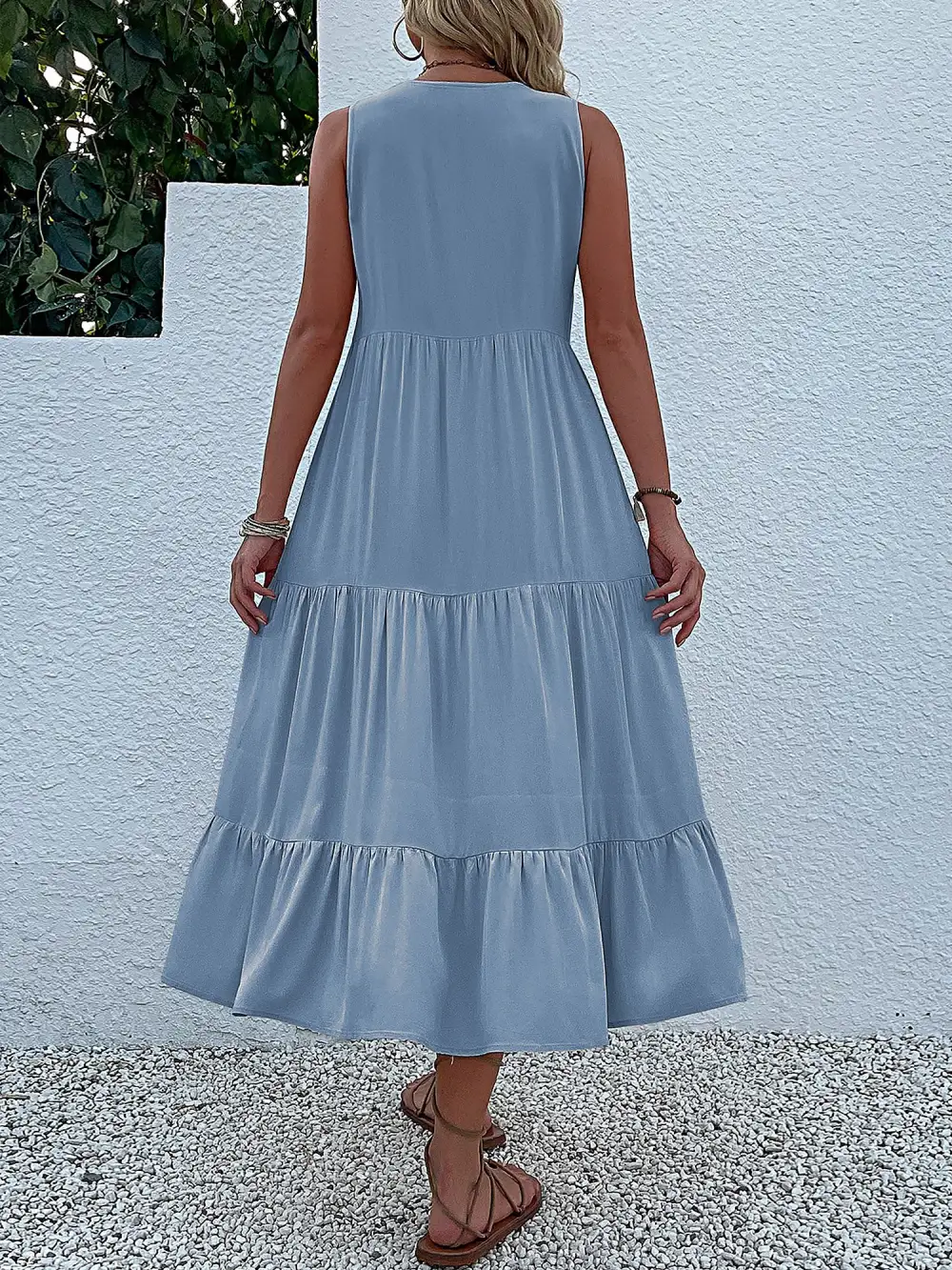 Notch-Neck Buttoned Sleeveless Tiered Midi Dress