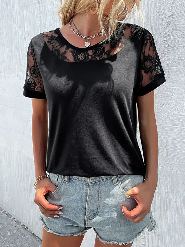 Refined Round-Neck Collared Short-Sleeve Lace-Detail T-Shirt