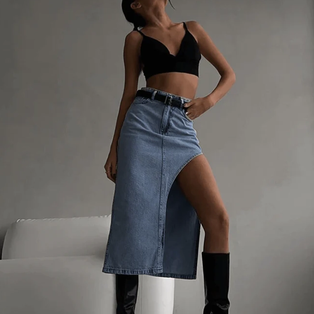 Denim High Waist Slit Midi Skirt