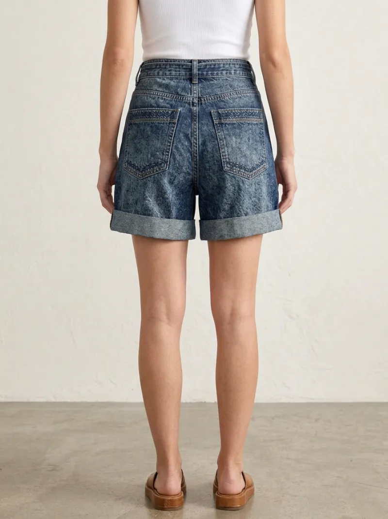 Women's Acid Wash High Waisted Tie Belt Denim Shorts