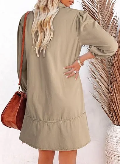 Women Fashion Fall Casual Babydoll 2025 V Neck 3/4 Puff Sleeve Jean Dresses