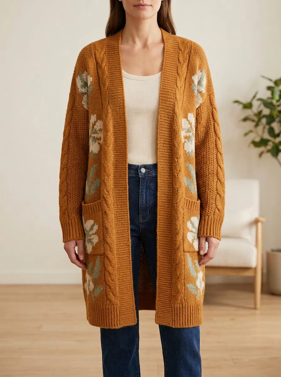 Women's Floral Cable Knit Print Open- Design Clean Collarless Long Cardigan