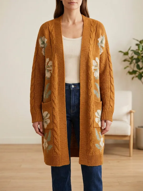 Women's Floral Cable Knit Print Open- Design Clean Collarless Long Cardigan