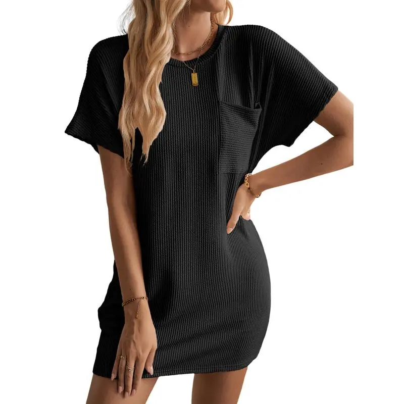 5PACK-Women's Wave Striped Casual Dress Loose Pocket Dress Home Furnishing Collection Fabric Short Basic Shortsleeve Summer Womenswear