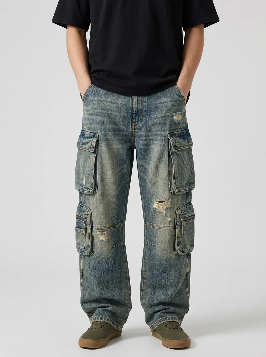 Men's Blue Washed Zip-Pocket Wide-Leg Denim Cargo Pants