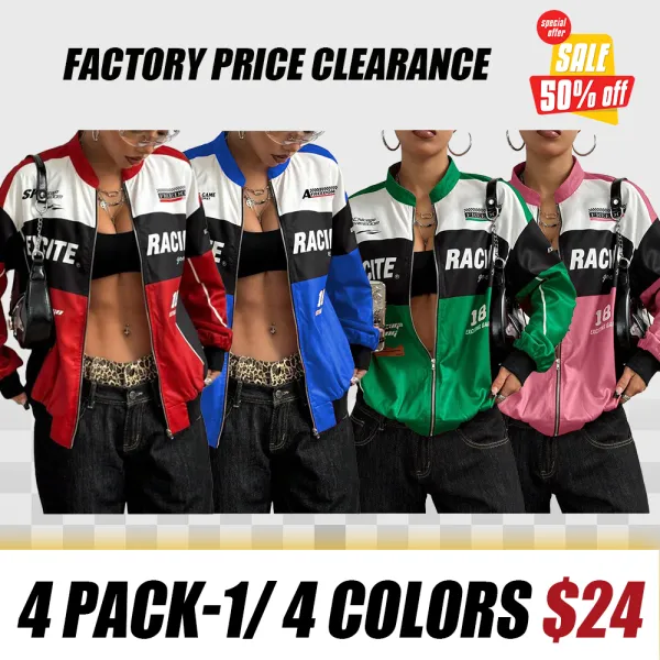 Spring Bomber Jacket Long Sleeve Zip Up Racing Jackets Color Block Y2K Outerwear Vintage Streetwear