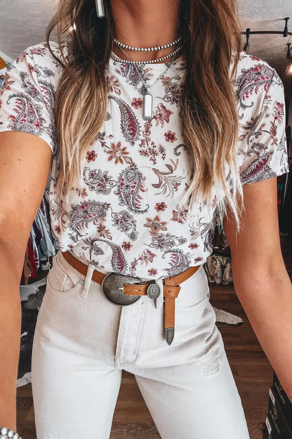 White Vintage Paisley Mock Neck